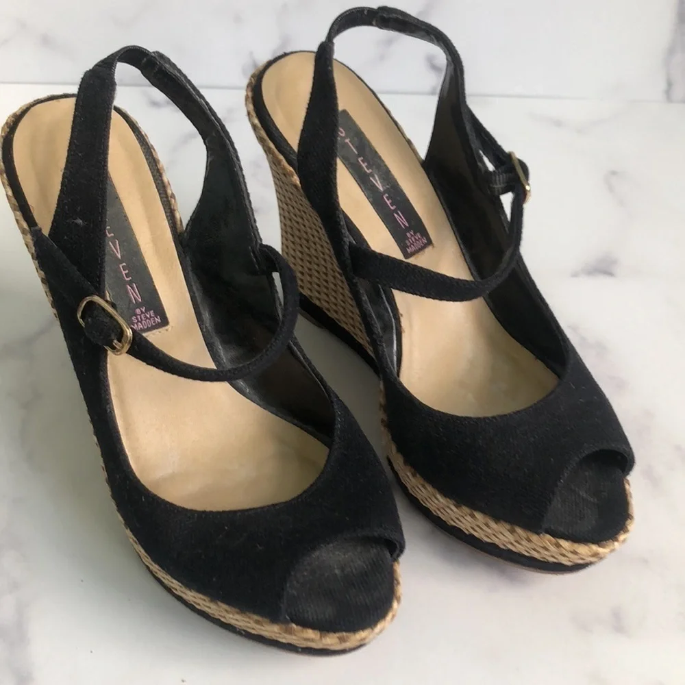 Steven by Steve Madden Black Canvas Mary Jane Style Wedges Size 6M